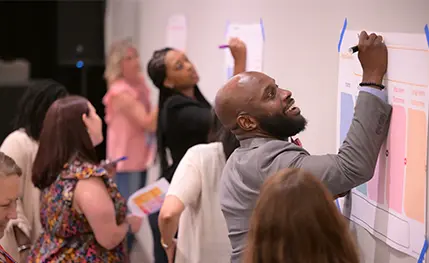 A smiling man writes something on a poster taped to the wall, surrounded by a group of people engaged a training activity.